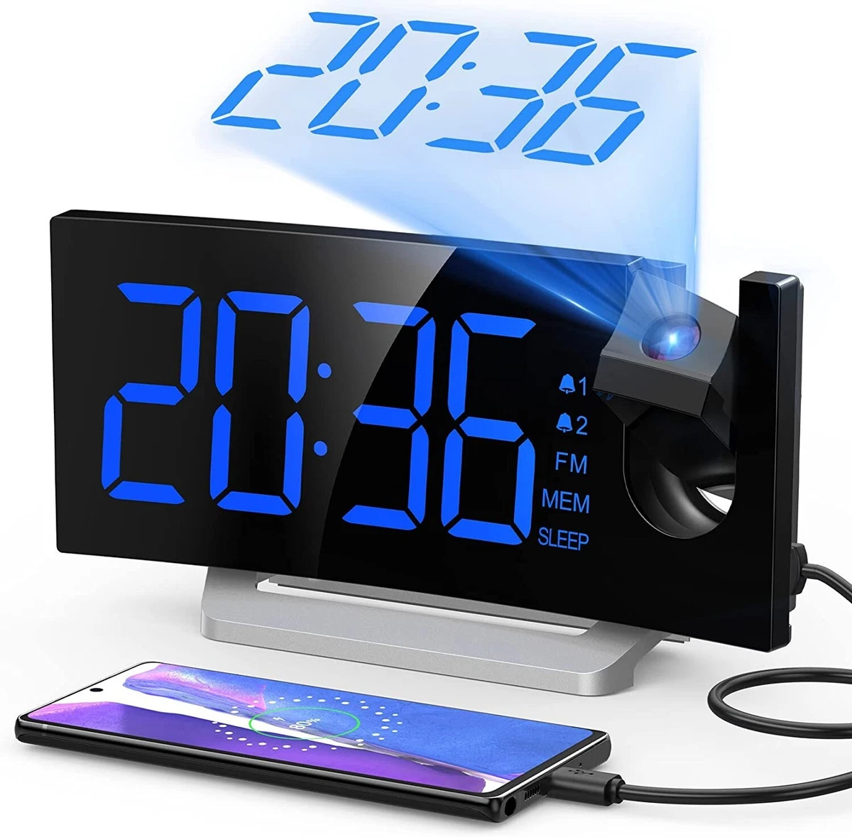 DESPERTADOR DIGITAL RADIO RELOJ FM PROYECTOR 180º ALARMA DUAL CARGADOR USB