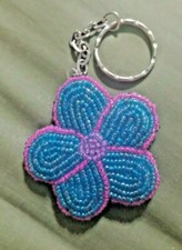 NICE NEW Flower Keychain Keyring Blue w/ Pink Trim 861