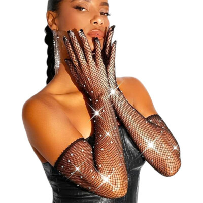 Opera Handschuhe lang am Ellenbogen schwarz Netz Textur Feinstrick + Strass Kristalle