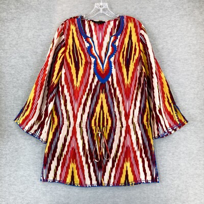 BCBGMAXAZRIA Silk Ikat Tunic Dress Womens S Multicolor Aztec Boho Long Sleeves