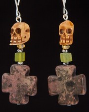 Skull  Cross Earrings Jasper Hand Carved Stone Drop Hooks Steampunk S0013
