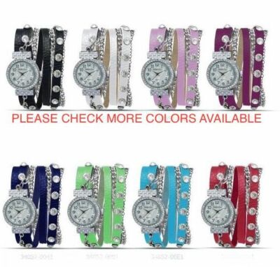 WOMEN MULTICOLOR WRAP AROUND STUDDED LEATHER & CHAIN, CRYSTALS MOP DIAL WATCH