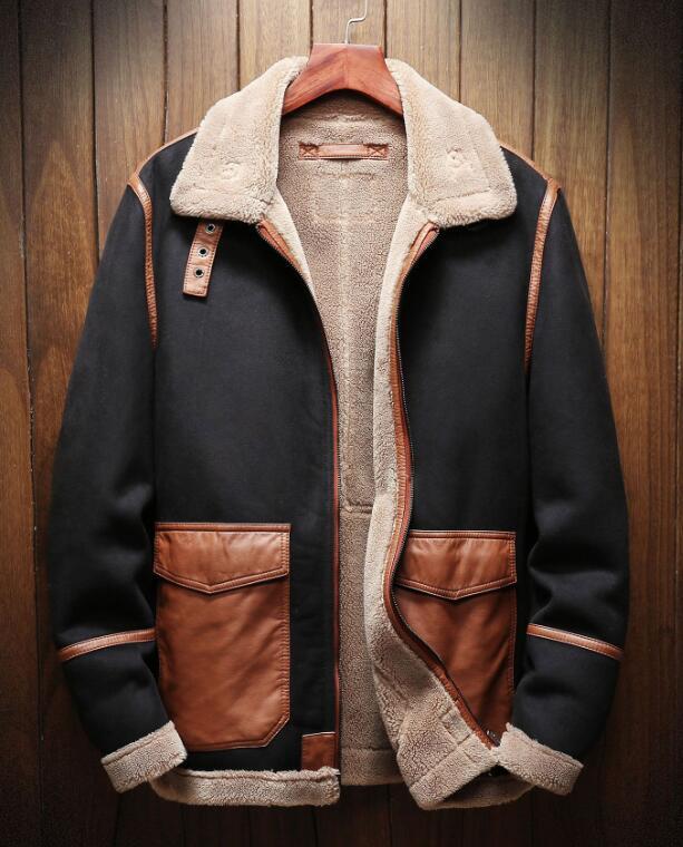 Men Faux Suede Warm Fur Lining Punk Lapel Splicing color Coat Jacket  Outwear b34