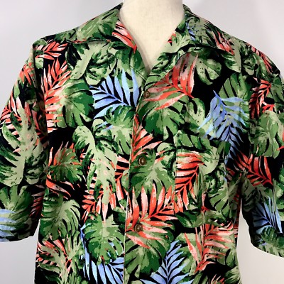 Saddlebred Mens Hawaiian Aloha Shirt Size Medium Orange Green Blue Black Leaves