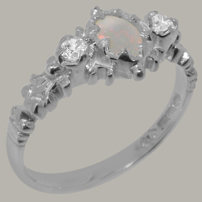 Solid 14ct White Gold Natural Opal & Diamond Womens Trilogy Ring