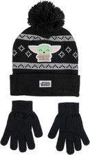 Star Wars Mandalorian Boy s Cuff Beanie Gloves Set, Black, One Size