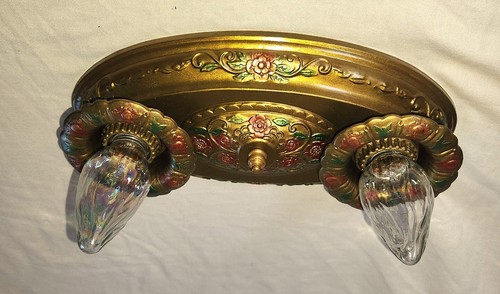 2 ANTIQUE ART NOUVEAU CHANDELIERS METAL FLUSH MOUNT CEILING FIXTURES 1920's - Picture 3 of 5