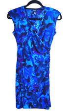 Chaps Women’s PS Blue Black Floral Short Sleeve Faux Wrap Dress Pre-owned