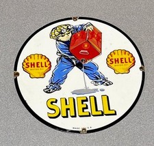 VINTAGE 12” SHELL BOY CAN PORCELAIN SIGN CAR GAS TRUCK GASOLINE MOTORCYCLE OIL