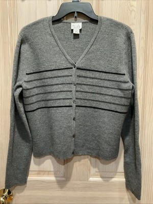 Ann Taylor Loft 100% Merino Wool Cropped Cardigan L Gray Black Striped Pre-Owned
