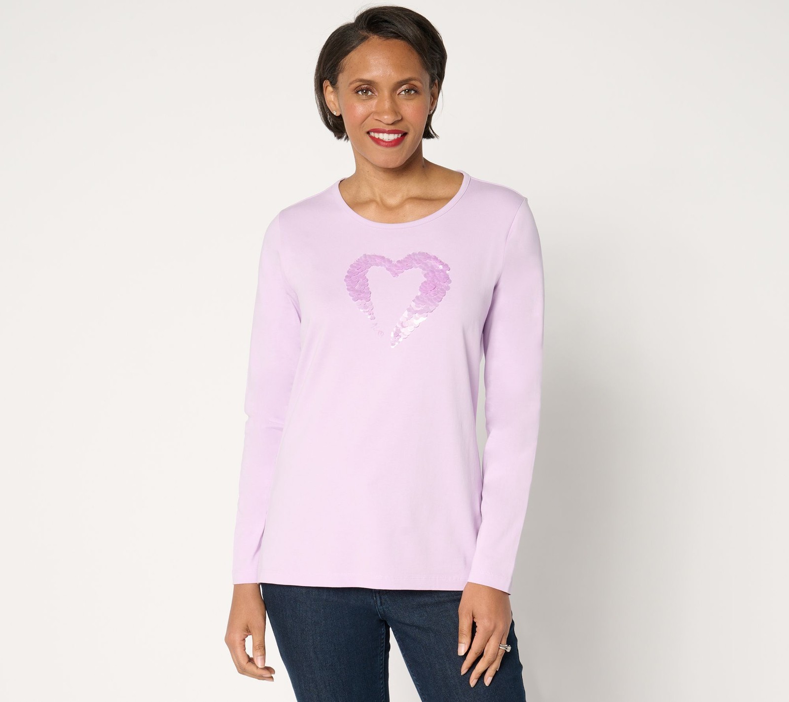 Denim & Co. Women's Top Sz L Perfect Jersey Sequin Heart Round Purple A679076