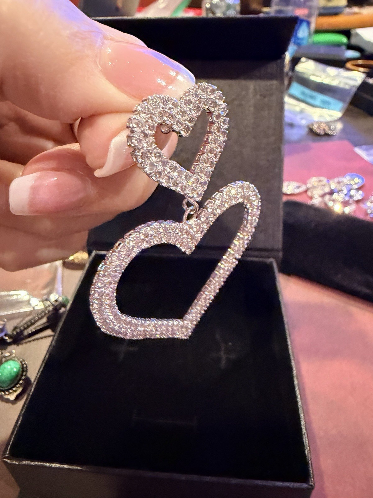 Statement Double Heart Rhinestone Drop Earrings S… - image 5