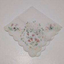 VTG Pink Ivory Lace Handkerchief 16 in Scalloped Crochet Trim Mid Century Bridal