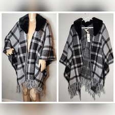 NWT Soft Surroundings Wool Alpaca Blend Black Grey Plaid Poncho Faux Fur Collar