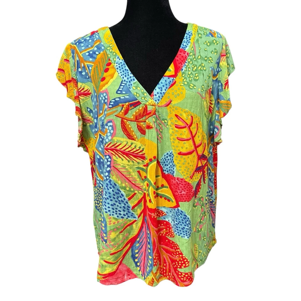 Christian Siriano Boho Crinkle Floral Tropical Blouse Top Plus Size 1X - Image 2 of 4