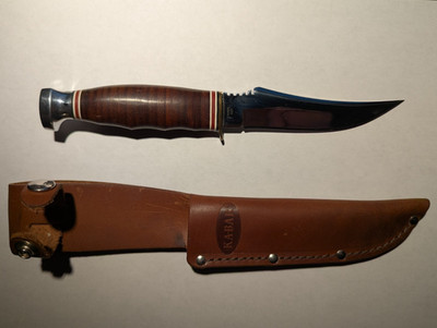 KA-BAR Skinner & Sheath - Stacked Leather Handle Mirror Chrome Finish