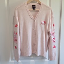 Hello Kitty by Sanrio Cardigan Sweater M Pink V-Neck Button Embroidered Knit