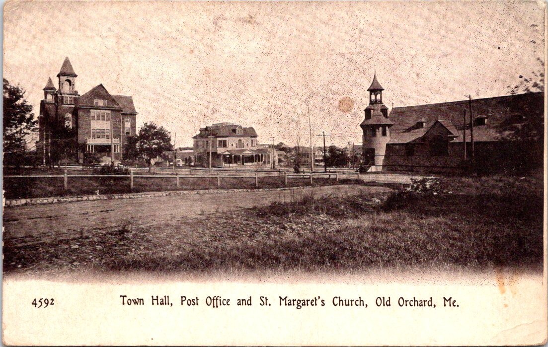 1908 Town Hall, Post Office & St. Margaret's Church, OLD ORCHARD, Maine Postcard