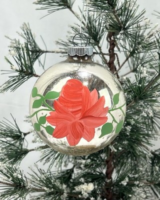 Vintage Corning Shiny Brite Hand Painted Rose Flower Glass Christmas Ornament 