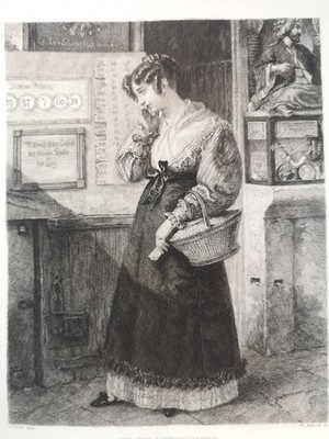 Radierung von 1890. Vor der Lotteriecollectur. P. Fendi, pinx.. (nach) und Theod