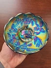 Electric Blue Northwood Carnival Glass Peacock & Urn Small Ice Cream Bowl