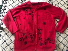 Stitches in Time VTG Sweater Cardigan Beaded Christmas Holiday Red Size 1X. Z