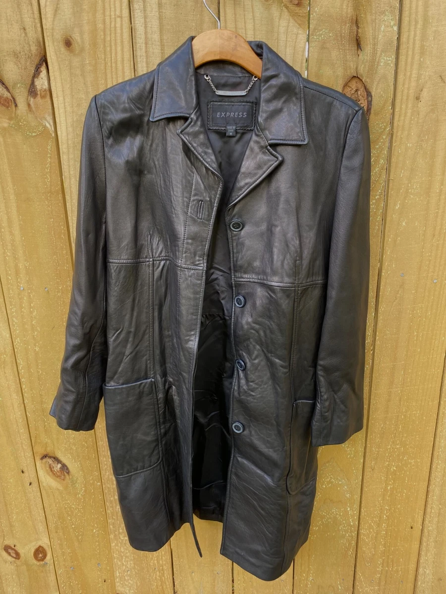 Express Womens 100% Black Genuine Leather Jacket Coat Button Up Size Medium  | eBay