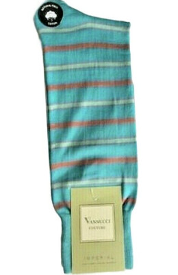 Vannucci Mens Dress Socks Sz 10-13 Aqua Sage Cool Color Stripes Funky Pattern