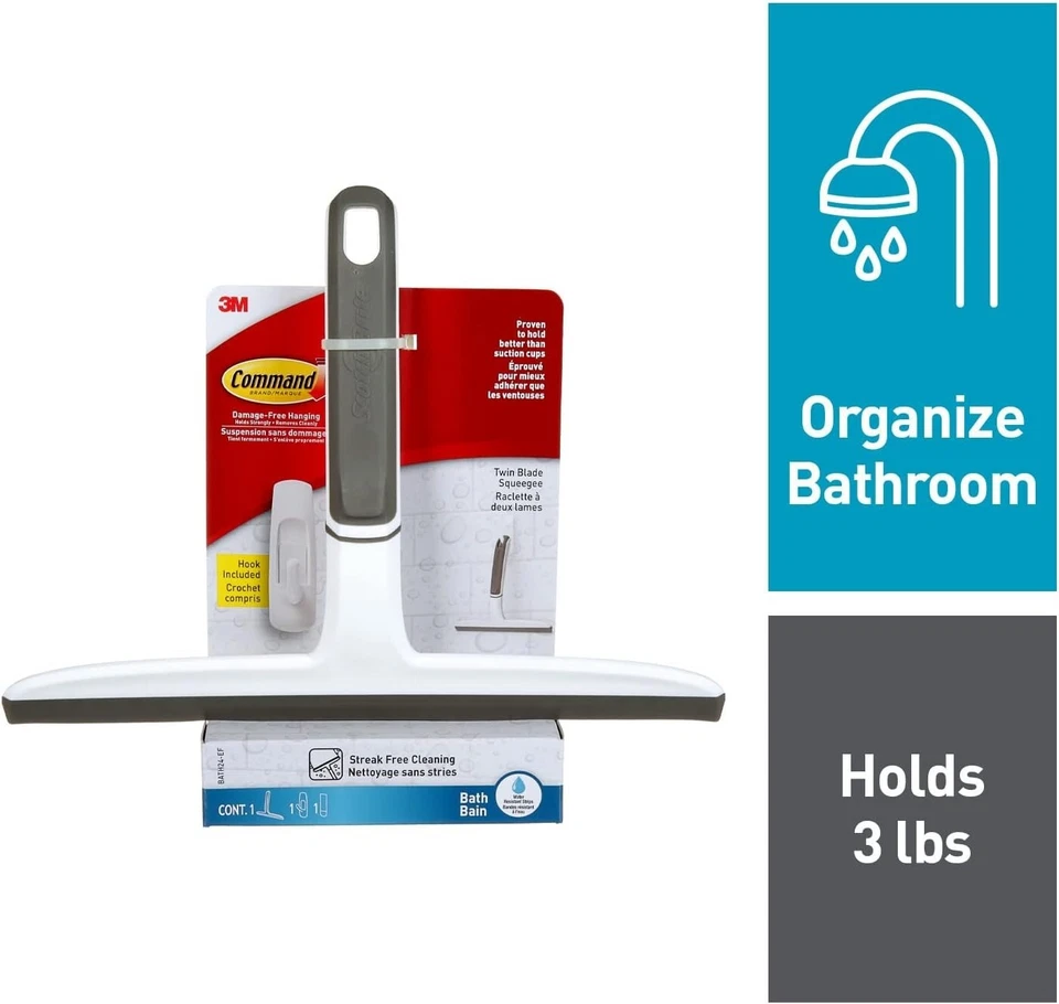 Command TwinBlade Squeegee with BathWall Hook,White,1 Squeegee,StreakFree Clean - Image 2 of 2