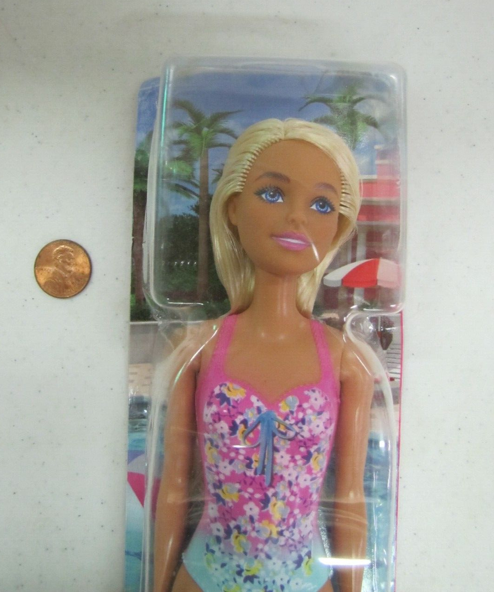 New Mattel Barbie BEACH BLONDE DOLL Pink Blue and Floral