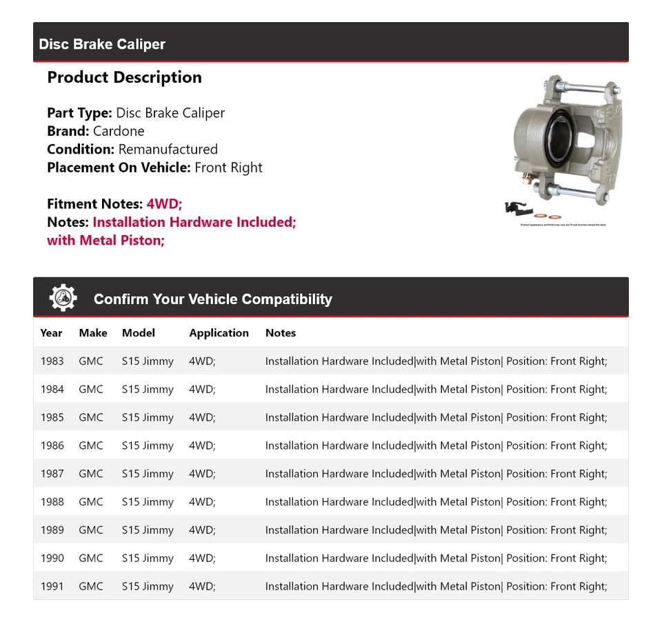 Pinza de freno de disco delantera derecha Cardone 1984 1985 para GMC S15 Jimmy 1983-1991 4x4 Foto 2 de 4