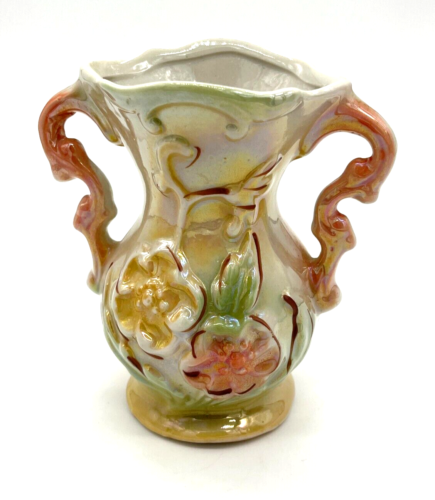 Lusterware Brazilian Vase Porcelain Double Handle Vintage Vase Raised Floral - Picture 1 of 11