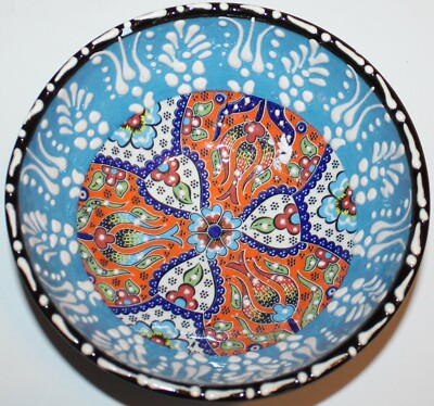 Turkish Blue & Orange 6''x2 1/4'' Handmade Iznik Floral Pattern Ceramic Bowl