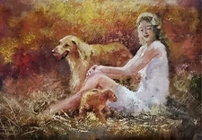 YARY DLUHOS Woman Dog Outdoor Landscape Female Figure Original Art Oil Painting