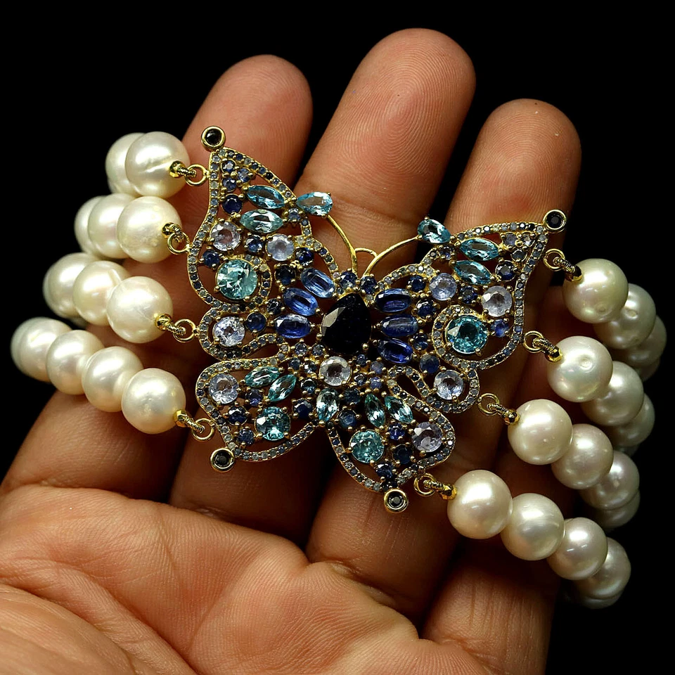 925 Silber Weiß Perle, Saphir, Kyanit, Zirkon & Tansanit Armband 10" - Bild 2 von 4