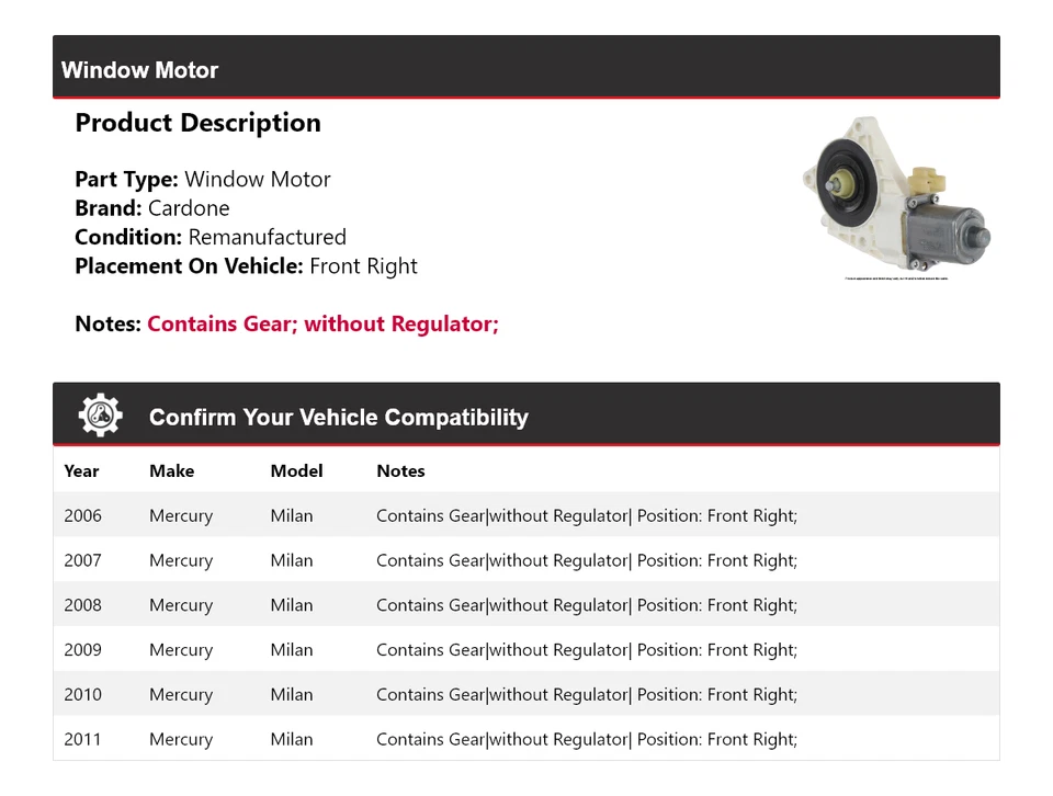 适用于 2006 - 2011 年 Mercury 米兰车窗电机右前 Cardone 2007 2008 2009 2010 — 第 2/4 张图片