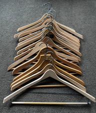 Mixed lot 14 Wooden Hangers Pants Suit Coat trousers vtg some ads Wishbone/batts