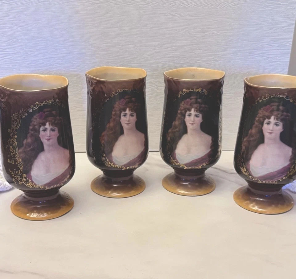 Antique ( 4  ) Jungfrau Porzellan *Footed Goblets Victorian Lady Portrait - Image 2 of 4