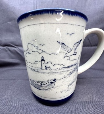 Vintage Blue & White Nautical Stoneware Coffee Mug Seagull Lighthouse Cup Japan