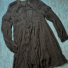 Free People Black Beaded Lace Long Sleeve Flowy Dress Romantic Size 0 RARE