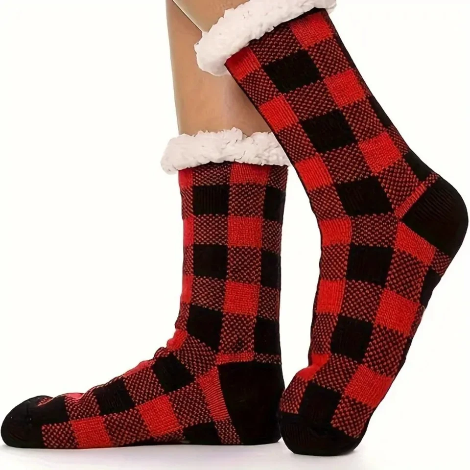 Festive Plaid Slipper Socks Knitted Fluffy Thick Soft Warm Thermal Sherpa Socks - Image 2 of 4