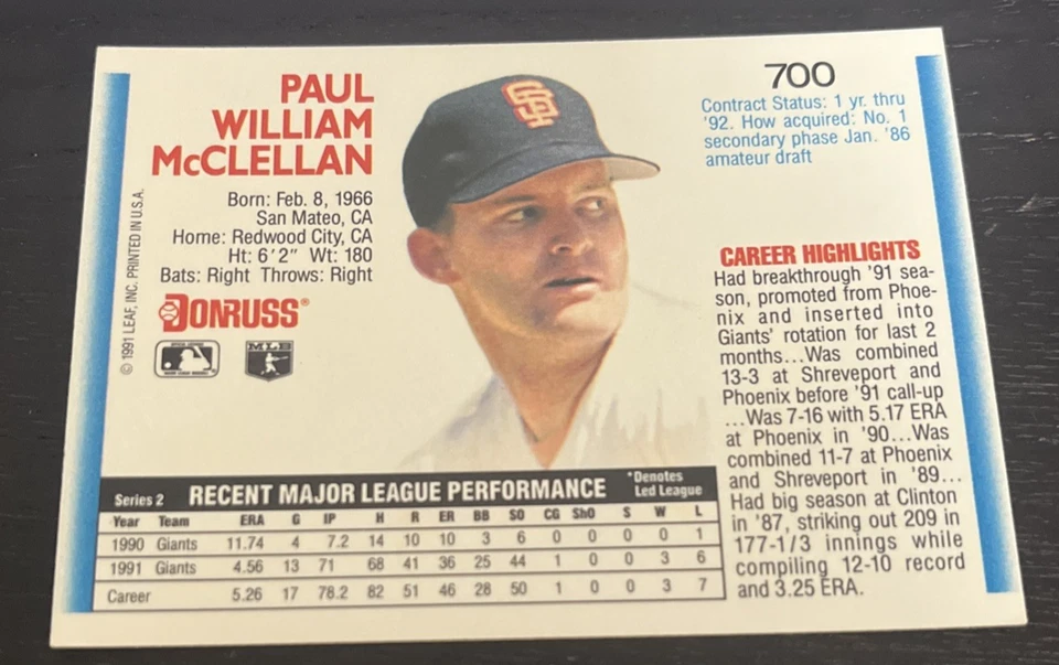 1992 Donruss - Paul McClellan - San Francisco Giants - #700 - Image 2 of 2