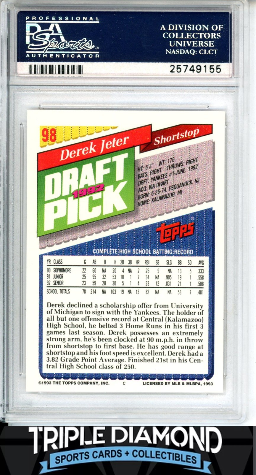 1993 Topps #98 Derek Jeter Rookie RC NY Yankees HOF PSA 8 AD386 view 2