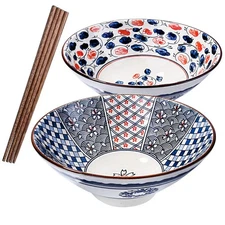 2 Sets Japanese Porcelain Ramen Bowl, Chopsticks, Large Ceramic Noodle Bowls