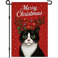 Christmas Garden Flag 12x18 Inch Tuxedo Cat Holiday Yard with Red
