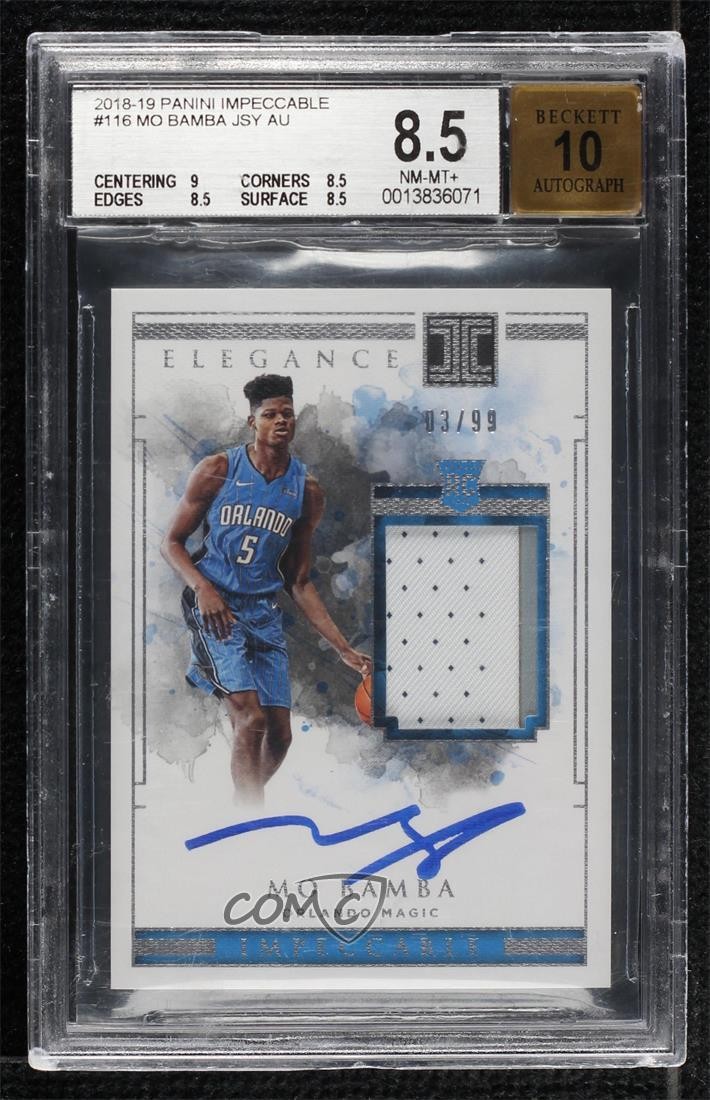 Camiseta deportiva Panini Impeccable Elegance 2018/99 Mo Bamba #116 BGS 8,5 Rookie Auto RC