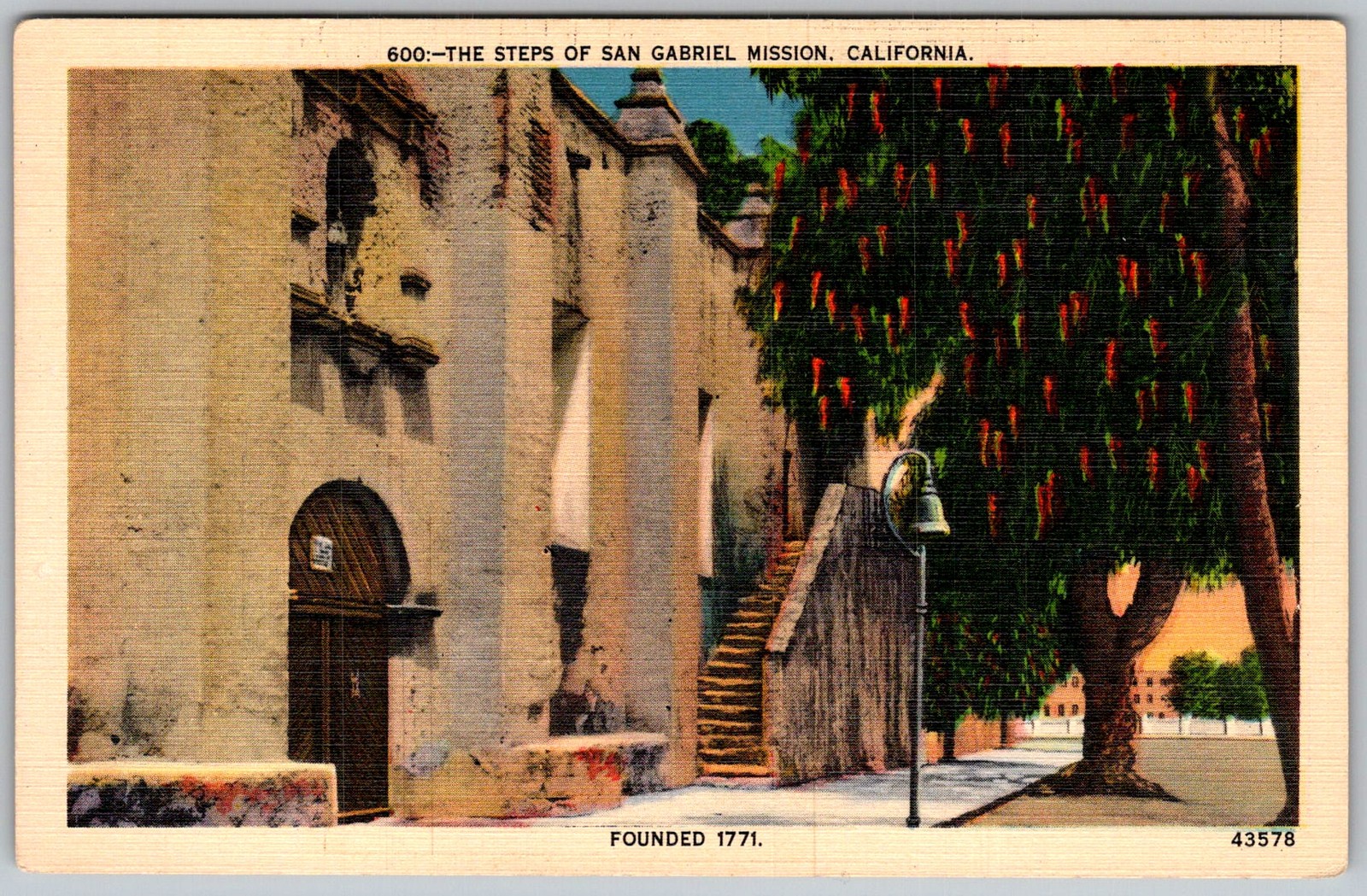 Vtg Linen Postcard Mission Steps San Gabriel, CA 1930s