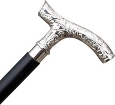 Victorian Silver Brass Handle Black Walking Cane Black Wooden Elegant Stick