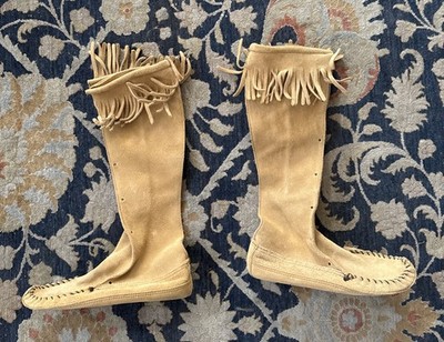 Vintage Minnetonka Native American 1821 Knee High Fringe Boots WESTERN Women s 9