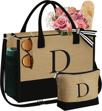 Christmas Gifts for Women - Initial Jute Tote Bag  Makeup Bag, Birthday Gifts f